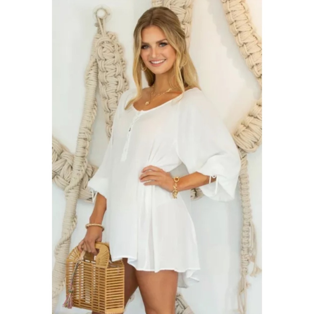 White Button Neck Wide Sleeve Tunic Hi Lo Coverup
